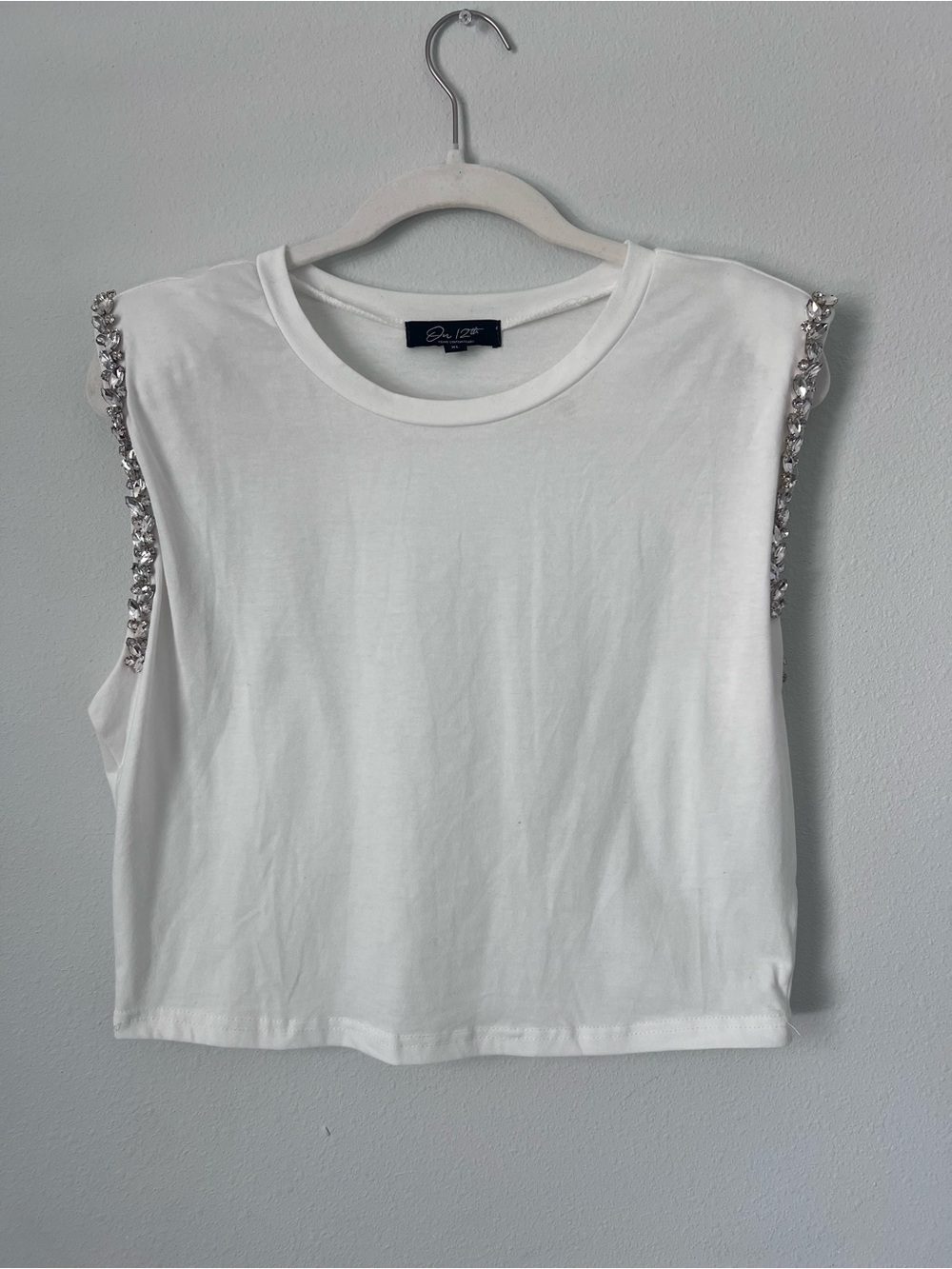 On 12th White Rhinestone Crystal Embellished Shoulder Muscle Crop Tank